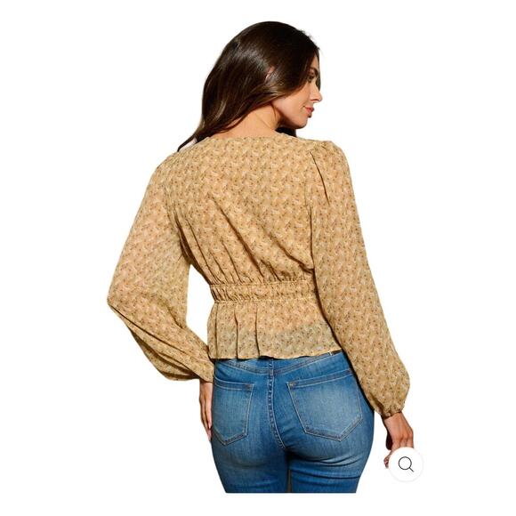 Just In! Women's Long Sleeve V-Neck Peplum Floral Blouse Top Taupe Buttons - Picture 3 of 4
